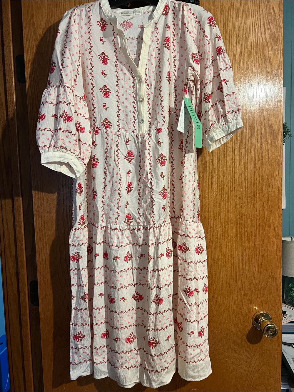 Cream Floral Tiered Cotton Dress with Red Rose Print